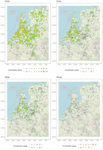 Four maps of the Netherlands showing measured PFOS, PFOA, PFNA and PFHxS concentrations in backyard eggs, with point size and colour indicating concentration. Elevated values occur across the country.