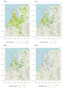Kaartpanelen die de ruimtelijke verdeling tonen van PFOS-, PFOA-, PFNA- en PFHxS-concentraties in Nederland