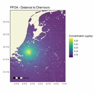 Map of the Netherlands showing modelled PFOA concentrations in eggs, highest around the Chemours plant in Dordrecht and halving at about 34.5 km from the plant.