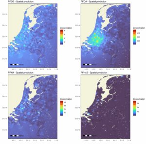 Four maps of the Netherlands showing model-predicted PFOS, PFOA, PFNA and PFHxS concentrations, combining spatial covariates with a latent spatial field. They show regional gradients and local highs and lows.