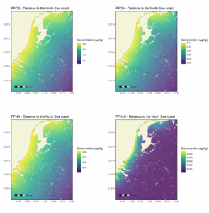 Four maps of the Netherlands showing modelled PFOS, PFOA, PFNA and PFHxS concentrations in relation to distance to the North Sea coast, with the highest values along the coast.